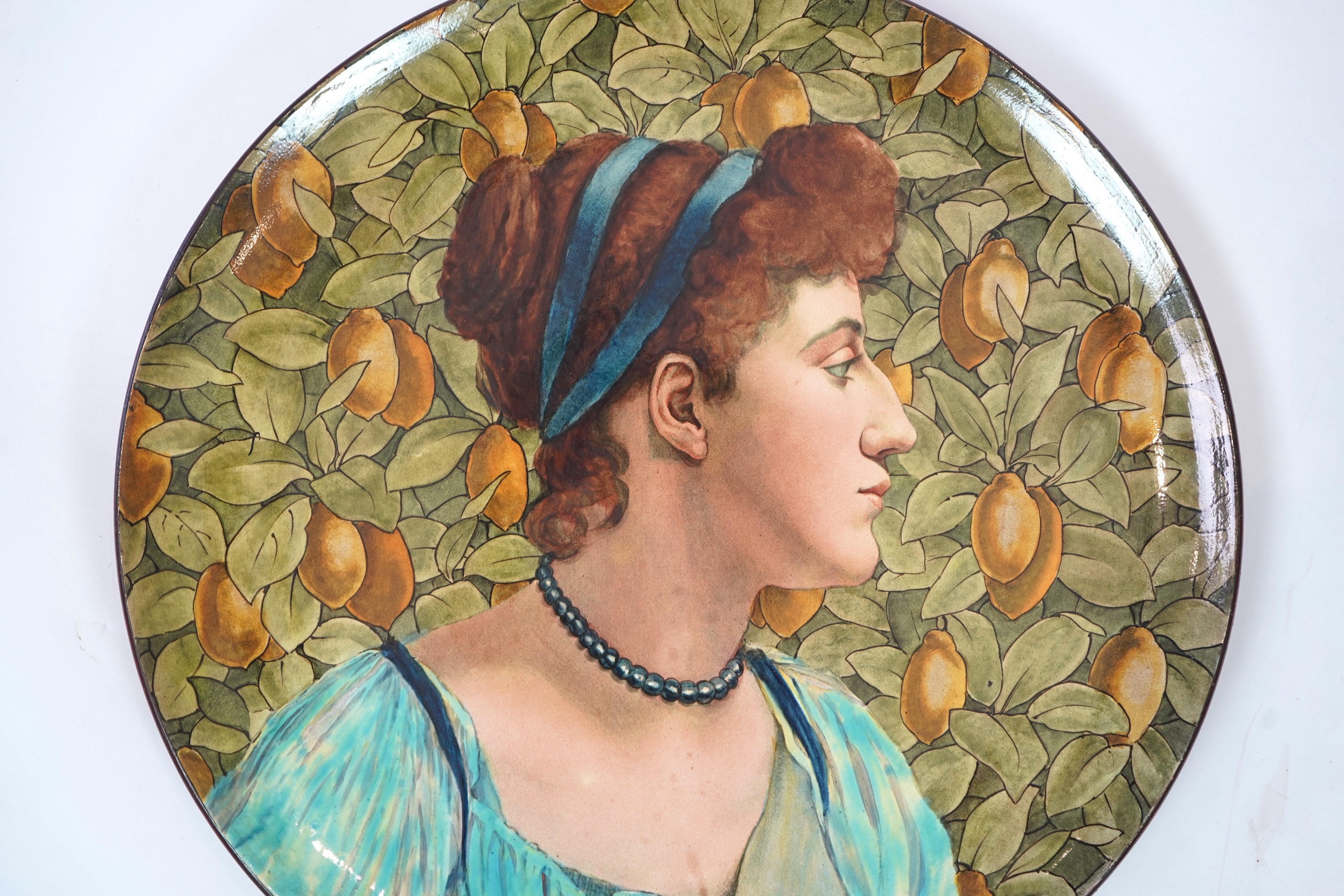 A large Doulton faience portrait charger, c.1882, by Katherine Sturgeon